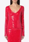 Rotate Birger Christensen Micro Sequin Red Sweater With Wide V-neck In Red