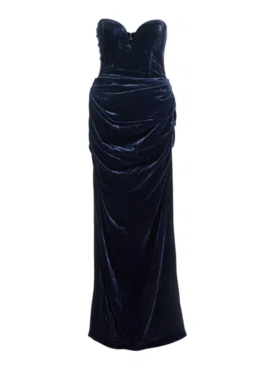 Rotate Birger Christensen Velvet Off-shoulder Sweetheart Dress In Blue