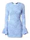 Rotate Birger Christensen Light Blue Mini Dress With Puffed Long Sleeves And All-over Floral Motif In Tech Fabric Woman In Light Blue