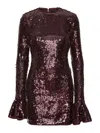 Rotate Birger Christensen Bordeaux Sequin Crewneck Mini Dress With Flared Sleeves In Tech Fabric Stretch Woman In Brown