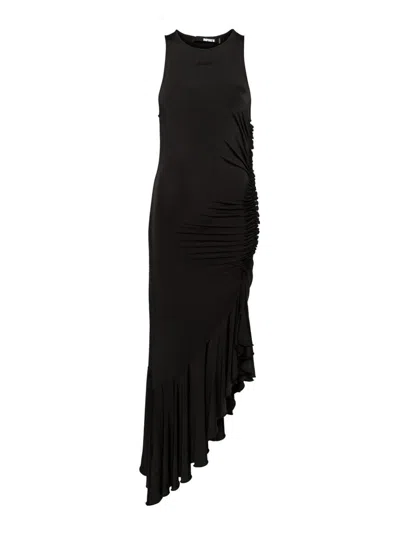Rotate Birger Christensen Asymmetrical Midi Dress With Ruching In Black