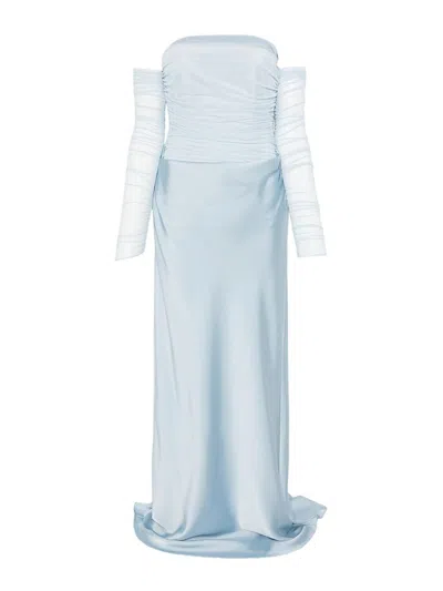 Rotate Birger Christensen Rotate Off-the-shoulder Maxi Dress With Sheer Mesh Sleeves And Draped Front In Azzurro