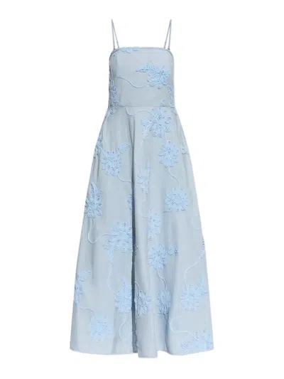 Rotate Birger Christensen Embroidered Floral Cotton Midi Dress In Blue