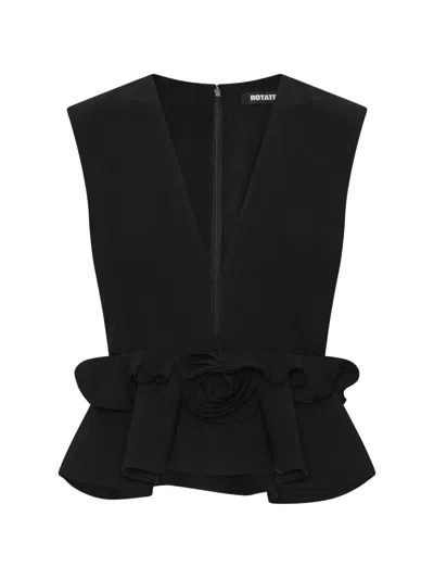 Rotate Birger Christensen Rotate V-neck Zip Front Top With Decorative Flower Detail In Black