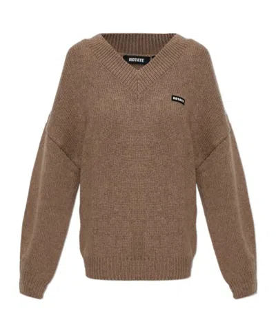 Rotate Birger Christensen V-neck Long-sleeved Knit Top In Brown