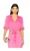Rotate Birger Christensen Sheer Collared Cropped Ruffled Sleeves Top In Pink