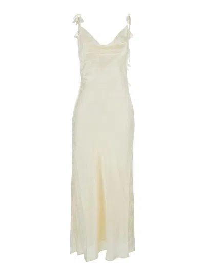 Rotate Birger Christensen White Dress With Draped Neckline And All-over Floral Motif In Silk Woman