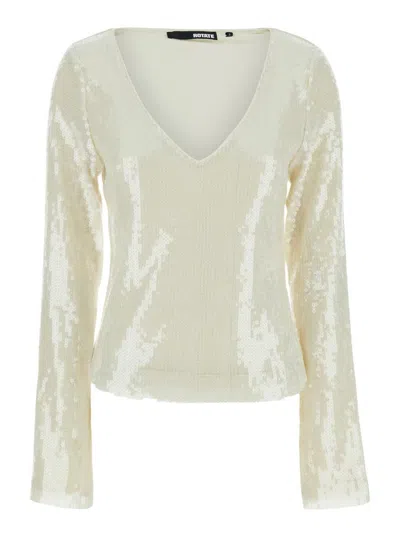 Rotate Birger Christensen White Long Sleeve Top With Sequins In Recycled Fabric Woman