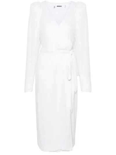 Rotate Birger Christensen White Sequinned Midi Wrap Dress In Neutrals