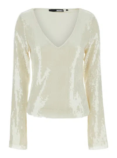 Rotate Birger Christensen White Sequins V-neck Top