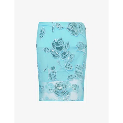 Rotate Birger Christensen Floral-embroidery Mesh Skirt In Blue Topaz