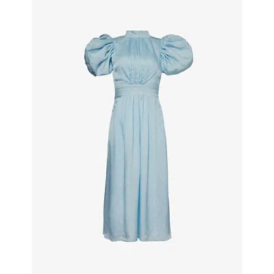 Rotate Birger Christensen Womens Cool Blue Comb Polka-dot Puff-sleeve Woven Midi Dress