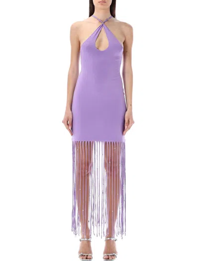 Rotate Birger Christensen Fringe-trimmed Jersey Maxi Dress In Purple