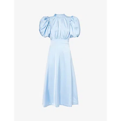 Rotate Birger Christensen Womens Placid Blue Puff-sleeve Pleated Satin Midi Dress
