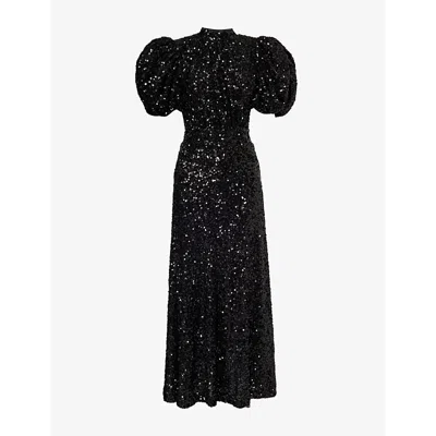 Rotate Birger Christensen Womens Black Regular-fit Puff-sleeve Sequin Midi Dress