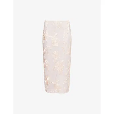 Rotate Birger Christensen Womens  3d Floral-embroidered Stretch-mesh Midi Skirt In Angel Wing (blush) Comb.