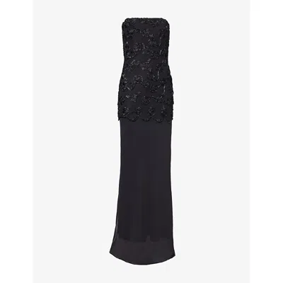 Rotate Birger Christensen Womens  Flower-embroidered Strapless Mesh Maxi Dress In Black