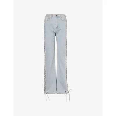 Rotate Birger Christensen Womens Light Blue Denim Laced Straight-leg Mid-rise Jeans