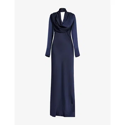 Rotate Birger Christensen Womens Sky Captain Long-sleeve Draped Satin Maxi Dress In Blue