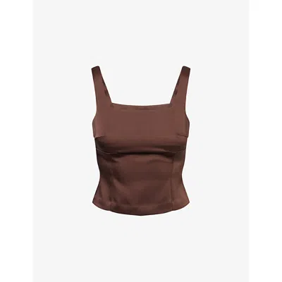 Rotate Birger Christensen Womens Chicory Coffee Pilino Square-neck Satin Top In Brown