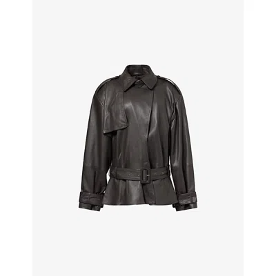 Rotate Birger Christensen Womens  Relaxed-fit Biker Leather Jacket In Mole