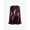 Rotate Birger Christensen Bordeaux Sequin Crewneck Mini Dress With Flared Sleeves In Tech Fabric Stretch Woman In Brown