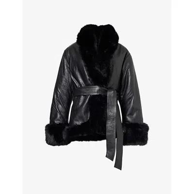 Rotate Birger Christensen Womens Shawl-collar Belted Leather Jacket Black