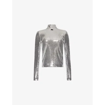 Rotate Birger Christensen Womens  Funnel-neck Long-sleeve Sequin Top In Silver