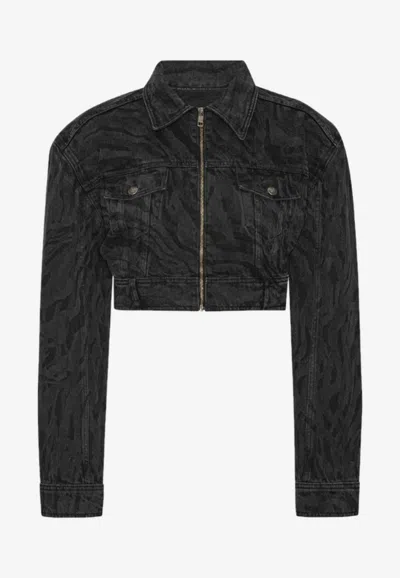 Rotate Birger Christensen Zebra Denim Cropped Jacket In Black