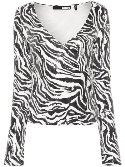 Rotate Birger Christensen V Neck Sequined Top With Zebra Motif In Black