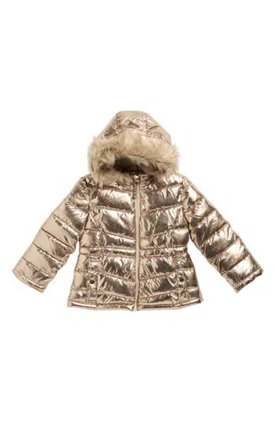 Rothschild Kids' Metallic Puffer Jacket With Faux Fur Trim In Gold
