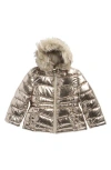 Rothschild Kids' Metallic Puffer Jacket With Faux Fur Trim In Gray