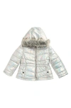 Rothschild Kids' Metallic Puffer Jacket With Faux Fur Trim In Gray