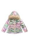 Rothschild Kids' Metallic Puffer Jacket With Faux Fur Trim In Multi