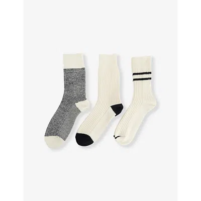 Rototo Mens  Daily Pack Of Three Knit Socks In Off White/black