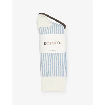 Rototo Mens White/l.blue R1586 Striped Cotton-blend Ankle Socks In Animal Print