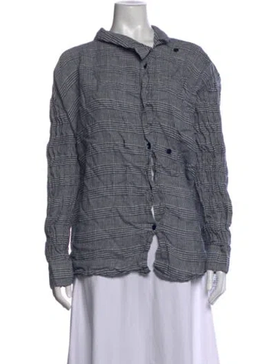 Pre-owned Roucha Linen Plaid Print Button-up Top In Grey