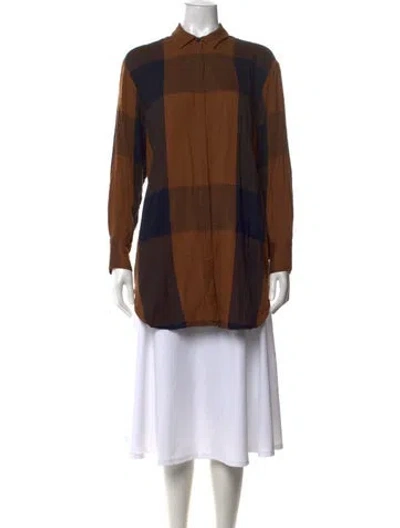 Pre-owned Roucha Plaid Print Long Sleeve Button-up Top In Brown