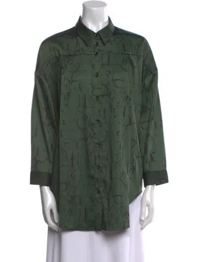 Pre-owned Roucha Printed Three-quarter Sleeve Button-up Top In Green