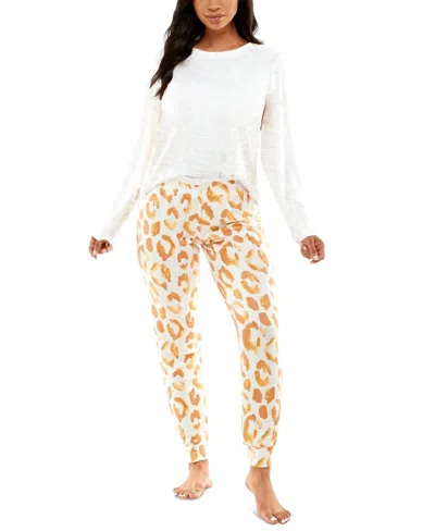 Roudelain Cashmere Luxe Long Sleeve Pajama Set In Parchment Solid/above Leopard In White