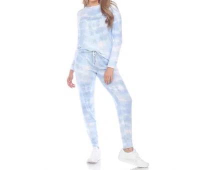 Roudelain Drop Shoulder Hoodie And Slim Leg Pant Lounge Set In Delicate Tie Dye White In Blue