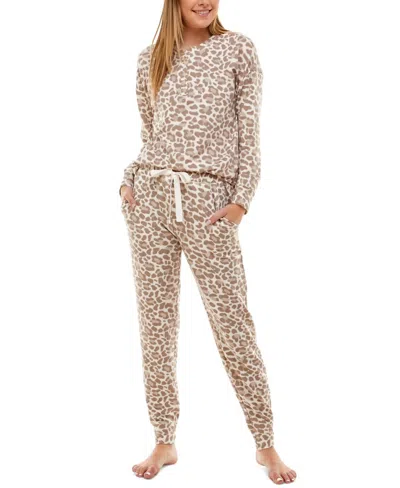 Roudelain Long Sleeve Henley Top & Jogger Lounge Set In Animal Blurred Crystal Gray In Brown