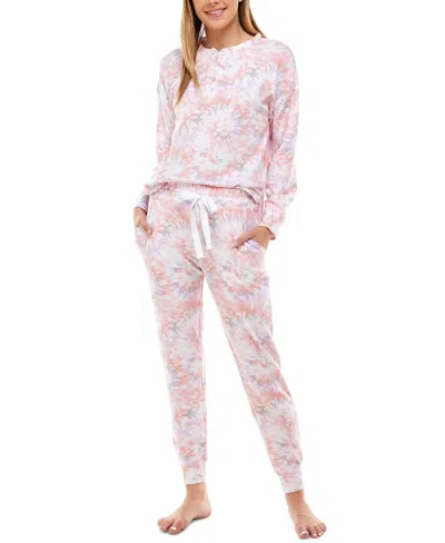 Roudelain Long Sleeve Henley Top & Jogger Lounge Set In Delicate Tie Dye White In Multi
