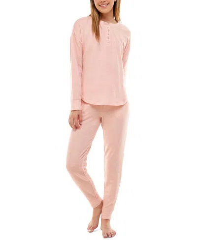 Roudelain Long Sleeve Henley Top & Jogger Lounge Set In Heather Rose Tan In Pink
