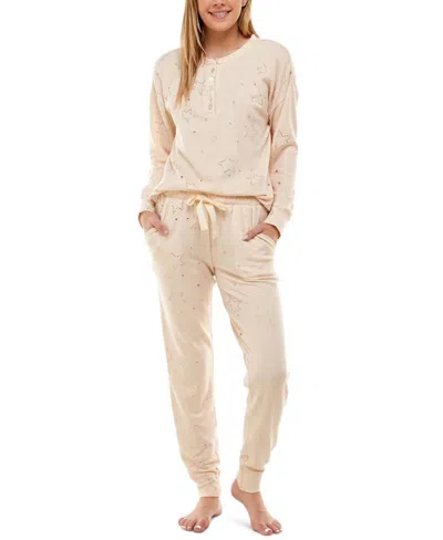 Roudelain Long Sleeve Henley Top & Jogger Lounge Set In Scattered Starry Foil Oatmeal In Neutral