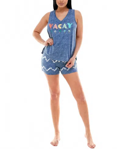 Roudelain Printed Tank Top & Shorts Pajama Set In Vacay/chevron In Blue