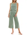 Roudelain Women's 2-piece Contrast Binding Sleeveless T-shirt And Pajama Set In Green