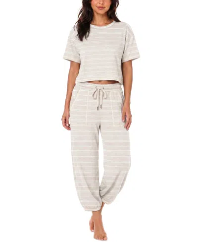 Roudelain Women's Boxy Tee And Barrel Leg Pajama Set In Bell Stripe,oatmeal Heather