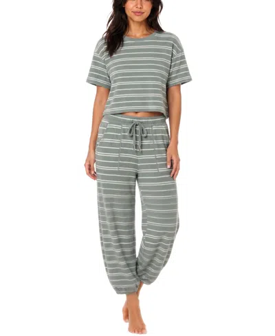 Roudelain Women's Boxy Tee And Barrel Leg Pajama Set In Bell Stripe,sage Smoke