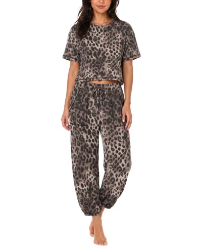 Roudelain Women's Boxy Tee And Barrel Leg Pajama Set In Smoothing Leopard,perfectly Pale
